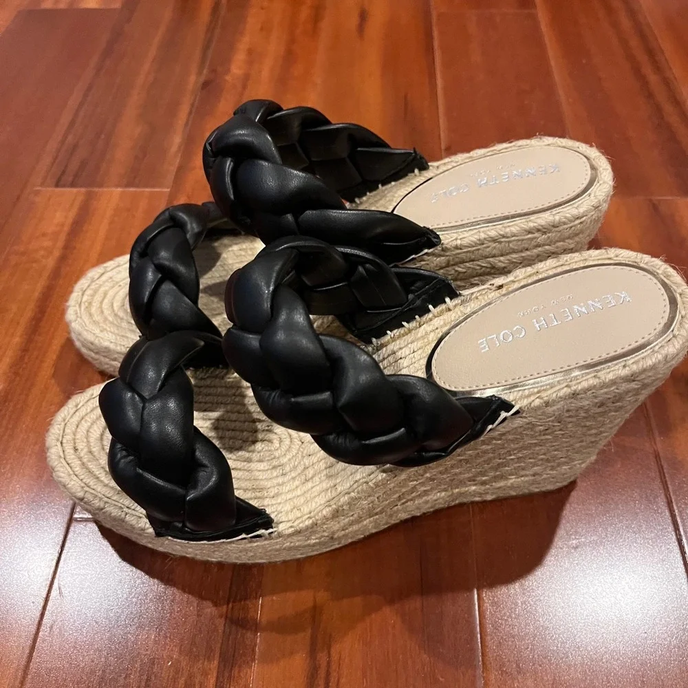 Black Espadrille Wedge Sandals Shoes Kenneth Cole Olivia Braid Rattan New Sz 9.5